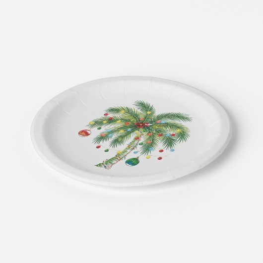 Assiettes En Carton Palmier de Noël tropical avec lumières et ornam (Angle)