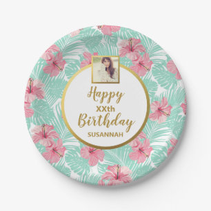 Assiettes En Carton Palmier floral rose tropical, photo d'anniversaire