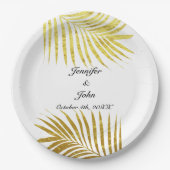 Assiettes En Carton Palmier Foliage or Feuille Mariage blanc (Devant)