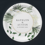 Assiettes En Carton palmier tropical feuille verdure fleurie mariage<br><div class="desc">Un design simple avec mariage à fleurs feuille de palmiers tropicaux. Les détails du texte et les couleurs peuvent être modifiés.</div>