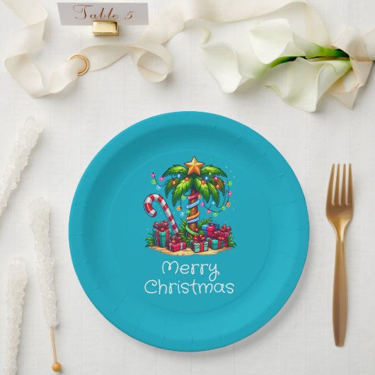 Assiettes En Carton Palmier tropical Joyeux Noël (Mariage)