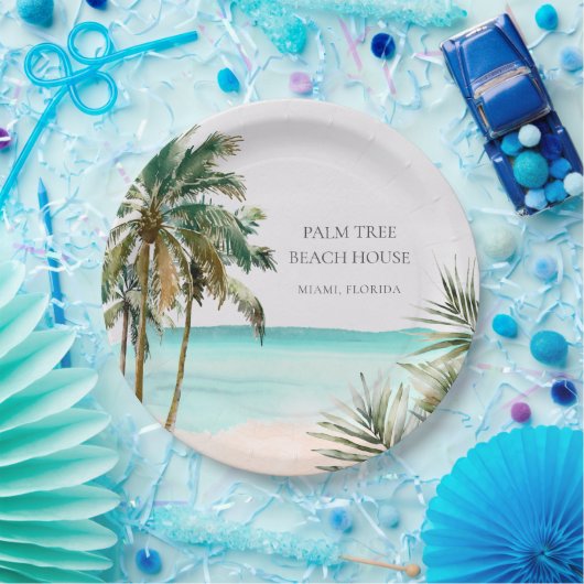 Assiettes En Carton Palmier Tropical Personnalisé Feuilles Plage Bleue (Fête)