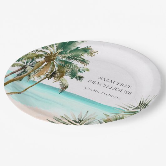 Assiettes En Carton Palmier Tropical Personnalisé Feuilles Plage Bleue (Angle)