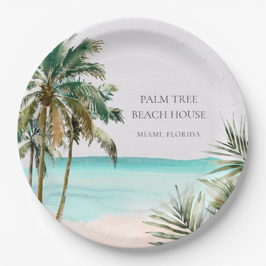 Assiettes En Carton Palmier Tropical Personnalisé Feuilles Plage Bleue (Devant)