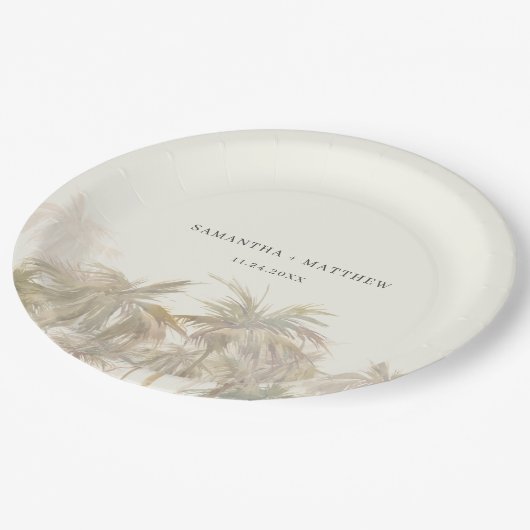 Assiettes En Carton Palmiers Aquarelle Tan Mariage Côtier (Angle)