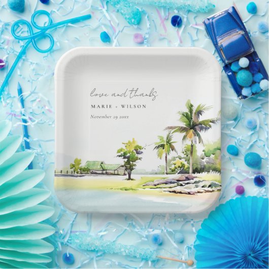Assiettes En Carton Palmiers côtiers tropicaux Mariage d'aquarelle (Fête)