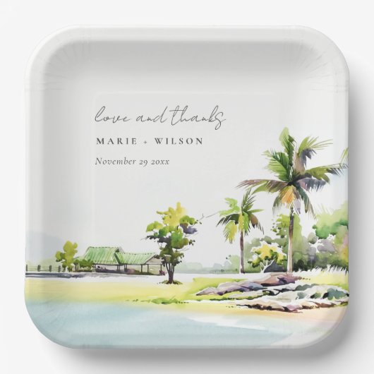 Assiettes En Carton Palmiers côtiers tropicaux Mariage d'aquarelle (Recto)