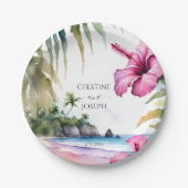 Assiettes En Carton Palmiers de plage tropicaux hibiscus mariage modèl (Devant)