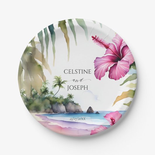 Assiettes En Carton Palmiers de plage tropicaux hibiscus mariage modèl (Devant)