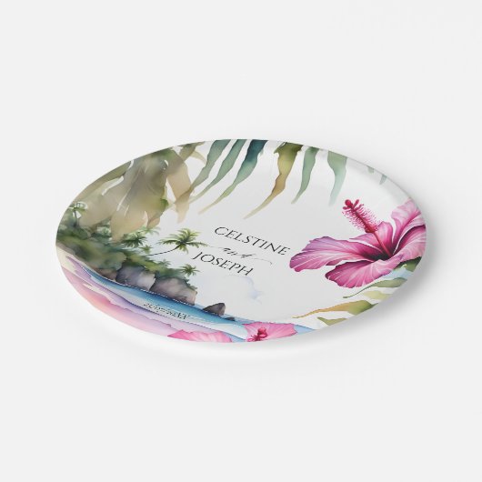 Assiettes En Carton Palmiers de plage tropicaux hibiscus mariage modèl (Angle)