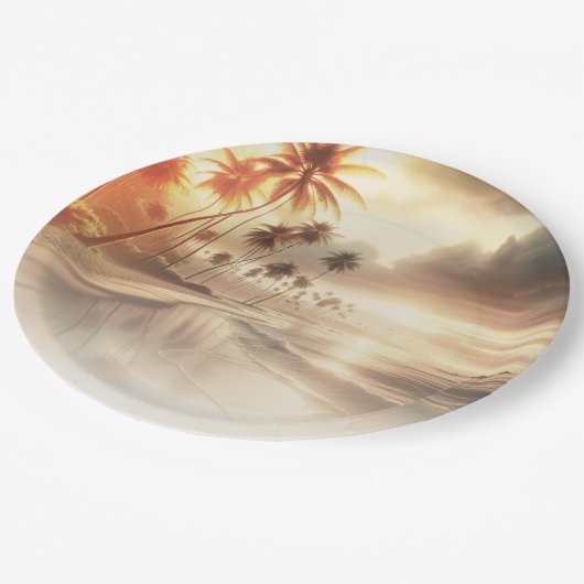 Assiettes En Carton Palmiers & Orange Sunset Beach Mariage (Angle)