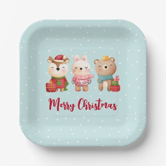 Assiettes En Carton Pals de Noël - Rennes, Ours et Lapin (Recto)
