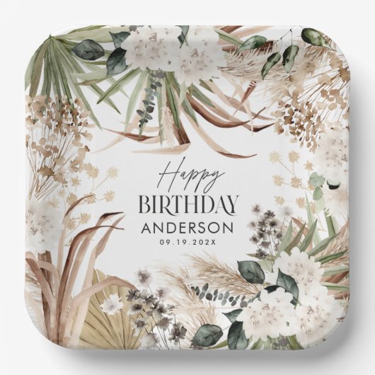 Assiettes En Carton Pampas d'anniversaire eucalyptus fête moderne boho (Recto)