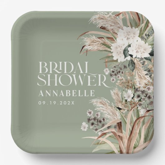 Assiettes En Carton Pampas douche nuptiale moderne élégant vert sauge (Recto)