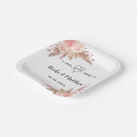 Assiettes En Carton Pampas fleurs d'herbe m. coeur boho mariage (Angulaire)