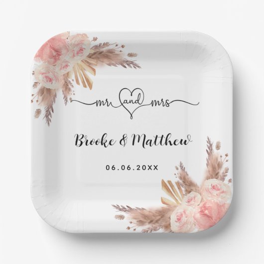 Assiettes En Carton Pampas fleurs d'herbe m. coeur boho mariage (Recto)