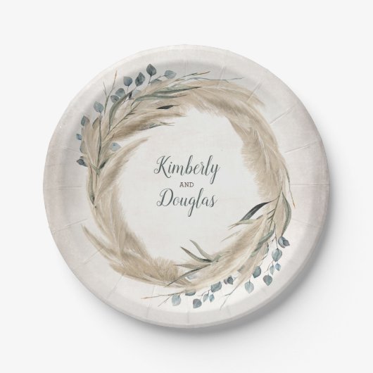 Assiettes En Carton Pampas Grass et Verdure Mariage Wreath (Devant)