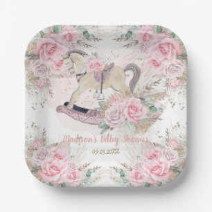 Assiettes En Carton Pampas Grass rose Floral Rocse Baby shower