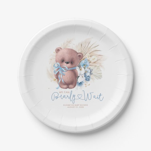 Assiettes En Carton Pampas Grass Teddy Bear Baby shower Blue Boho (Devant)