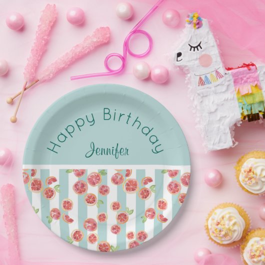 Assiettes En Carton Pamplemousse rose Motif sur les rayures vertes Ann (Fête)