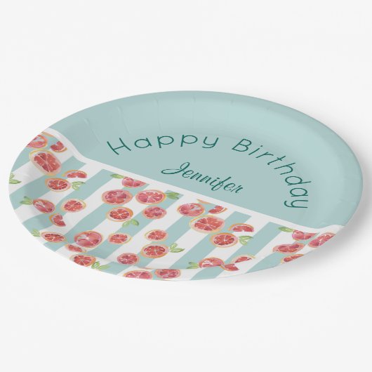 Assiettes En Carton Pamplemousse rose Motif sur les rayures vertes Ann (Angle)