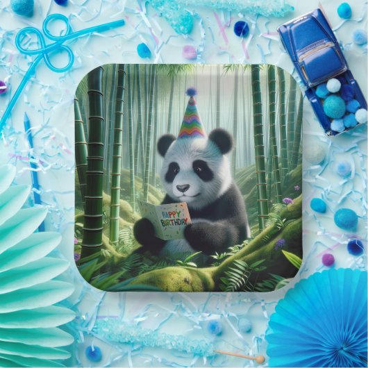 Assiettes En Carton Panda Bear Lecture d'une carte d'anniversaire (Fête)