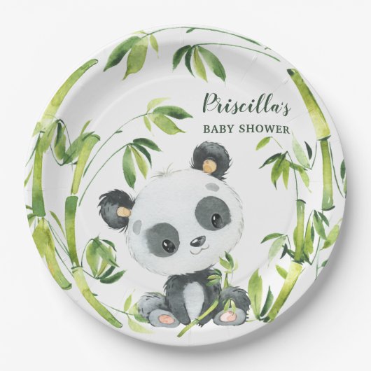 Assiettes En Carton Panda en bambou vert Baby shower neutre pour les f (Devant)