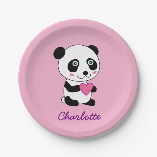 Assiettes En Carton Panda mignonne avec un coeur rose Nom personnalisé (Devant)