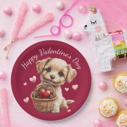 Assiettes En Carton Panier de chiots pour la Saint-Valentin avec bonbo (Fête)
