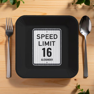 Assiettes En Carton Panneau de vitesse d'anniversaire moderne 16 ans