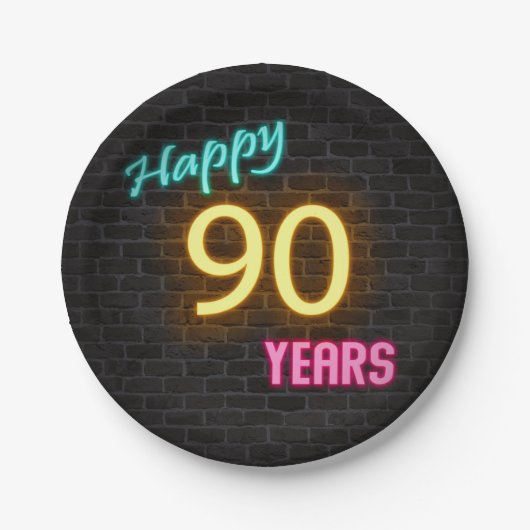 Assiettes En Carton Panneau Neon numéro 90 sur mur en brique (Devant)