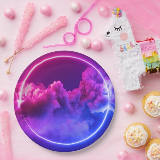 Assiettes En Carton Panneau néon personnalisé Nuages rose et violet (Fête)
