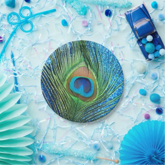 Assiettes En Carton Paon bleu scintillant (Fête)
