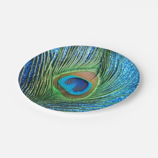 Assiettes En Carton Paon bleu scintillant (Angle)