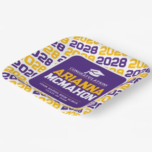 Assiettes En Carton Pape de graduation personnalisée violet, or et bla (Angulaire)
