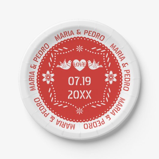 Assiettes En Carton Papel picado inséparables rouge mariage mexicain (Devant)