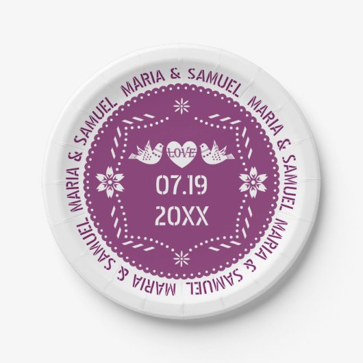 Assiettes En Carton Papel picado inséparables violet mariage mexicain (Devant)
