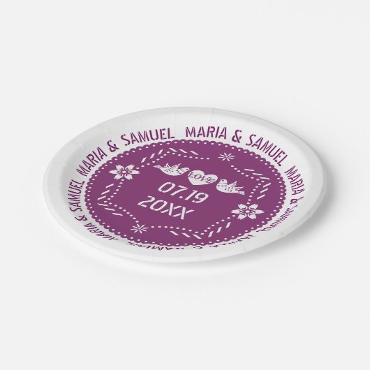 Assiettes En Carton Papel picado inséparables violet mariage mexicain (Angle)