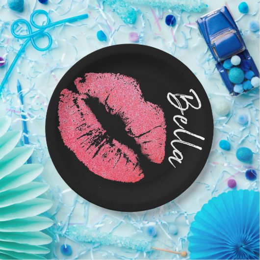 Assiettes En Carton Papier à lèvres rose lèvre tache noir blanc mignon (Fête)