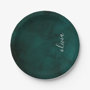Assiettes En Carton Papier à monogramme à l'aquarelle vert foncé éléga