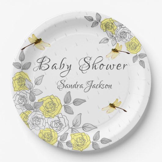 Assiettes En Carton Papier Baby shower à libellules Roses jaunes et gr (Devant)
