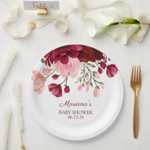 Assiettes En Carton Papier Baby shower Floral Bourgogne rose