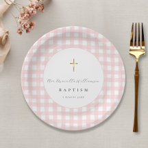 Papier baptême bébé fille à carreaux rose