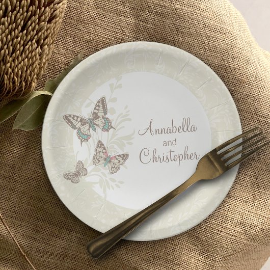 Assiettes En Carton Papier blanc mariage 3 papillons encre crème