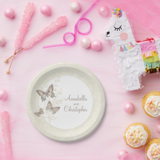 Assiettes En Carton Papier blanc mariage 3 papillons encre crème (Fête)