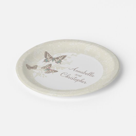 Assiettes En Carton Papier blanc mariage 3 papillons encre crème (Angle)
