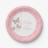 Assiettes En Carton Papier blanc rose mariage à 3 papillons (Devant)