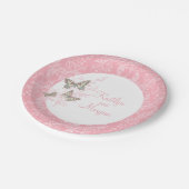 Assiettes En Carton Papier blanc rose mariage à 3 papillons (Angle)