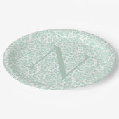 Assiettes En Carton Papier damassé vert sauge initiale de monogramme (Angle)