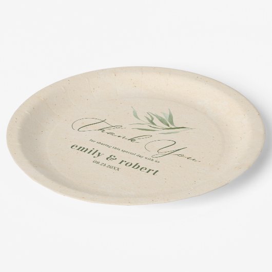 Assiettes En Carton Papier d'artisanat beige en feuillage vert poussié (Angle)